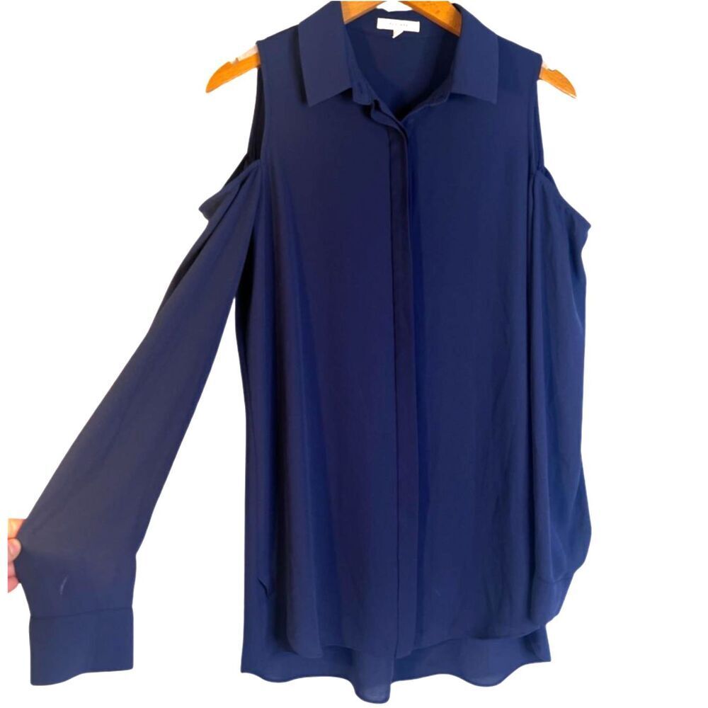 Pleione Navy Dressy Blouse Long Sleeve Cut Out Shoulder‎ Button Front Size MD***
